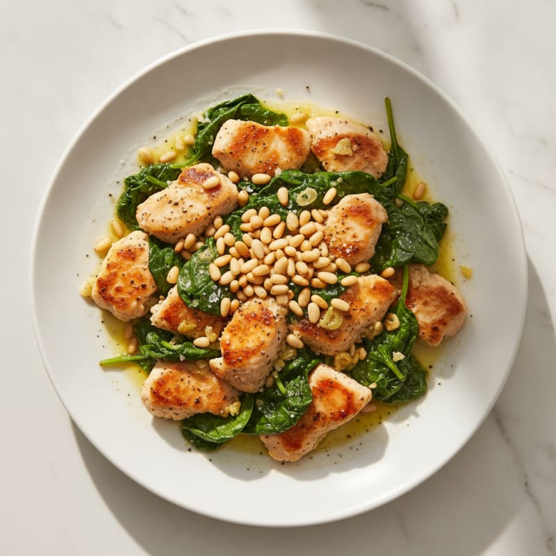 Garlic Spinach Chicken with Toasted Pine Nuts