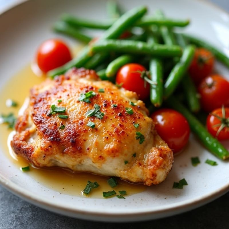 Crispy Pan-Seared Chicken Thighs with Sautéed Green Beans and Cherry Tomatoes