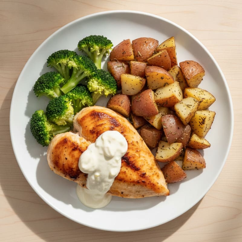 Seared Chicken Breast with Roasted Potatoes and Steamed Broccoli