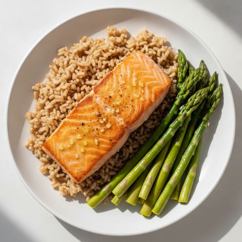 Seared Salmon with Steamed Asparagus and Brown Rice