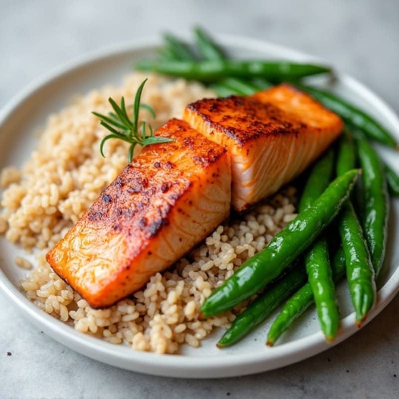 Seared Salmon with Steamed Green Beans and Brown Rice
