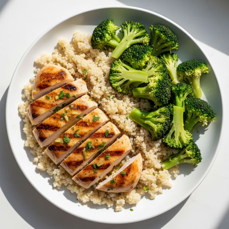 Grilled Chicken Breast with Steamed Broccoli and Quinoa