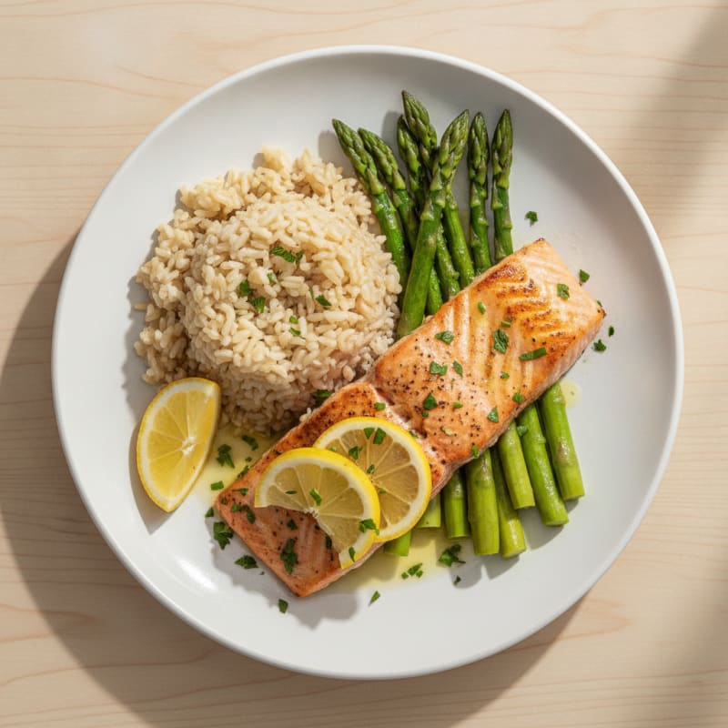 Seared Salmon Fillet with Steamed Asparagus and Brown Rice