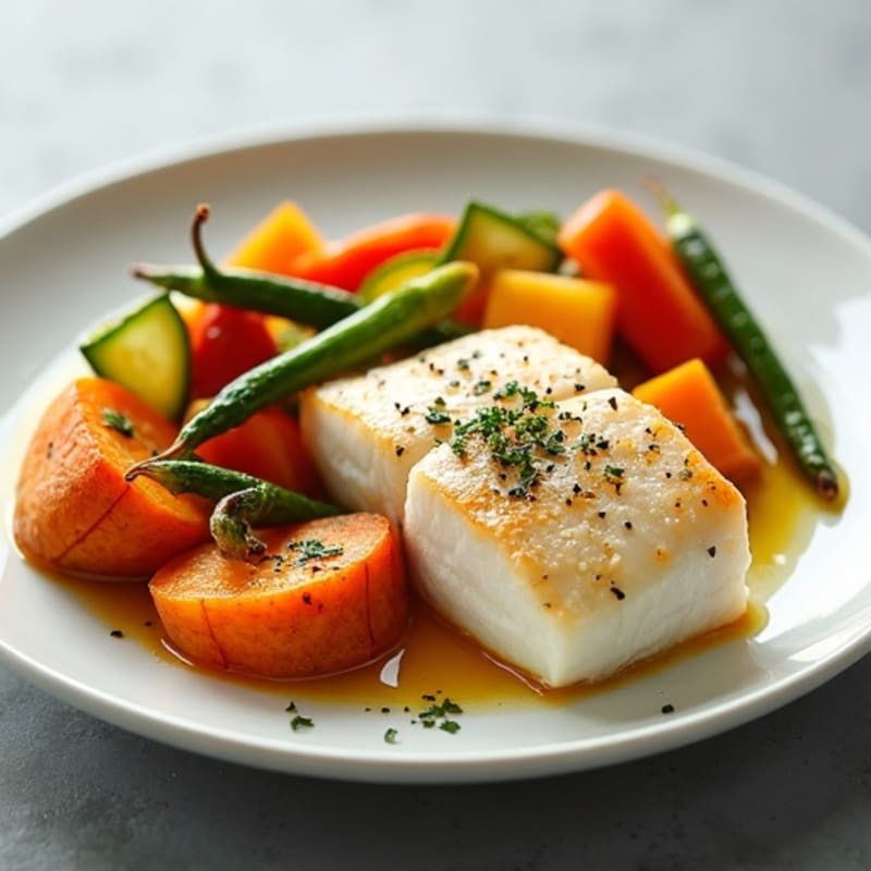 Seared White Fish with Roasted Sweet Potato and Steamed Vegetables