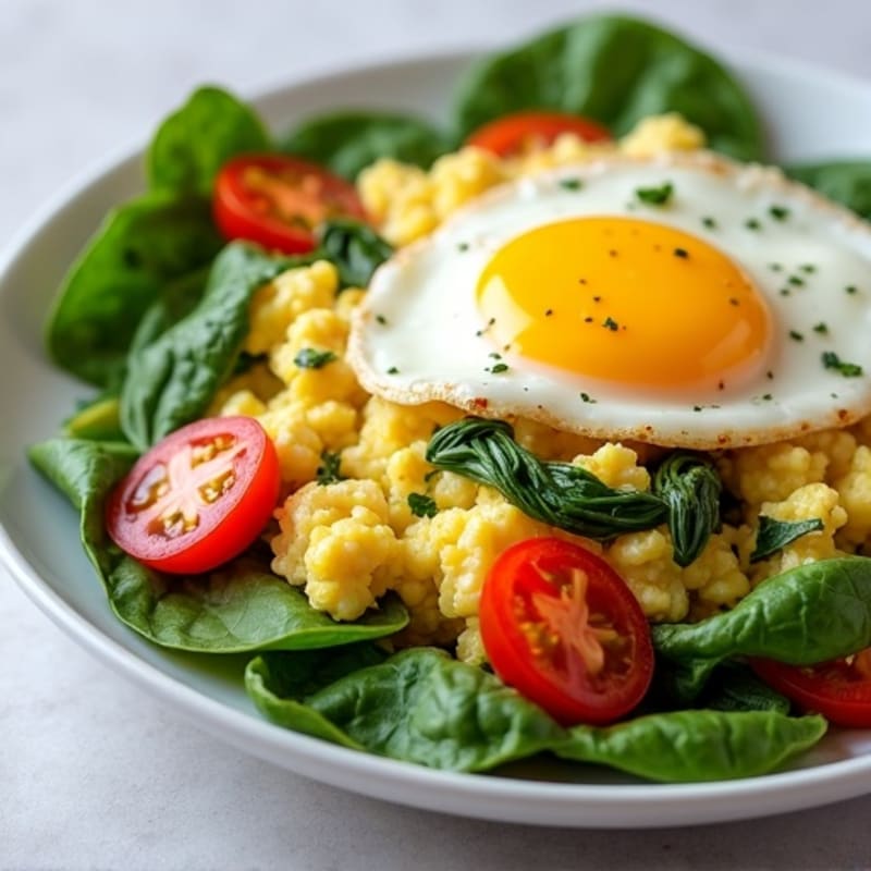 Cottage Cheese Egg Scramble with Spinach and Cherry Tomatoes