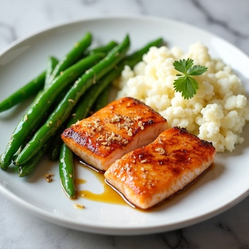 Seared Salmon with Garlic Green Beans and Cauliflower Mash