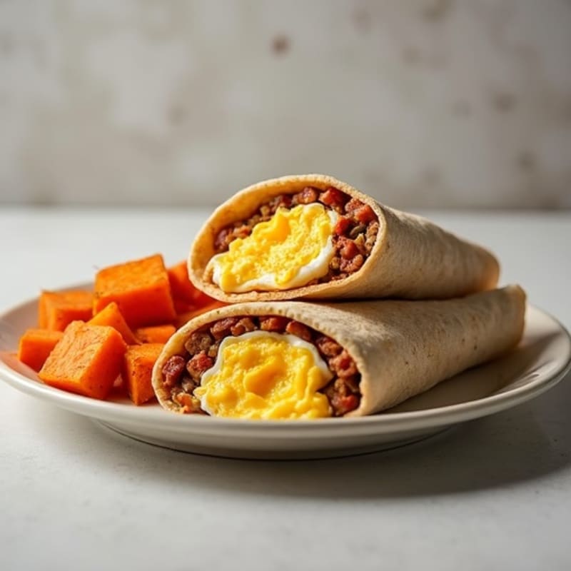 Crispy Turkey Sausage and Scrambled Egg Breakfast Burrito with Roasted Sweet Potatoes