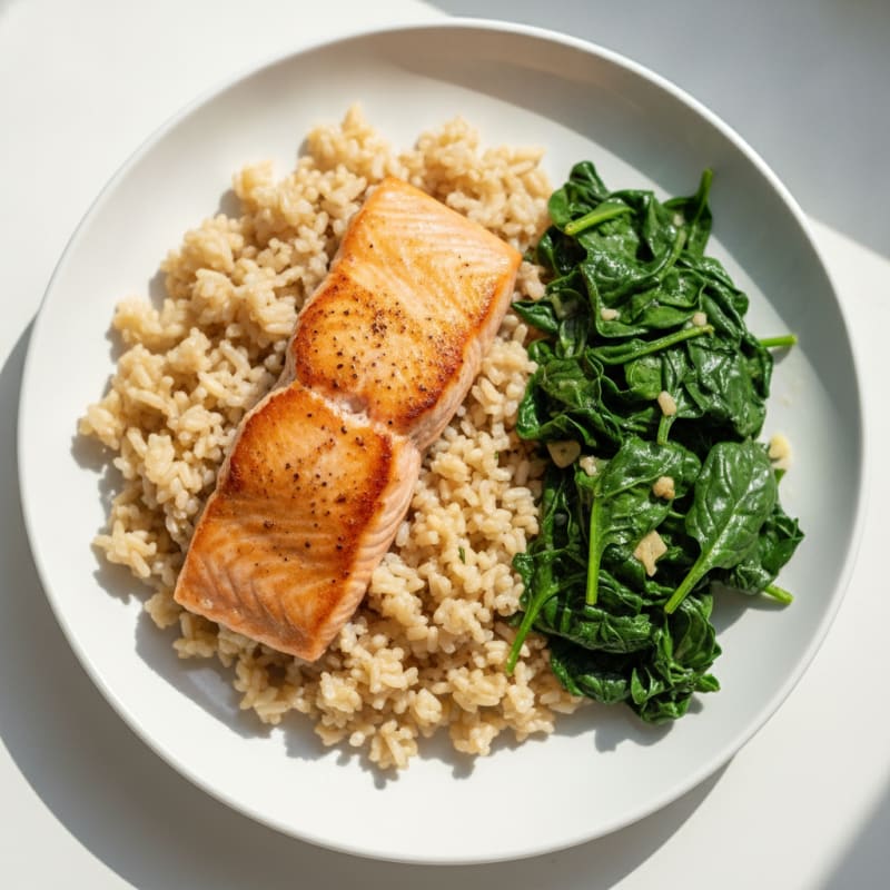 Seared Salmon Fillet with Garlic Spinach and Brown Rice