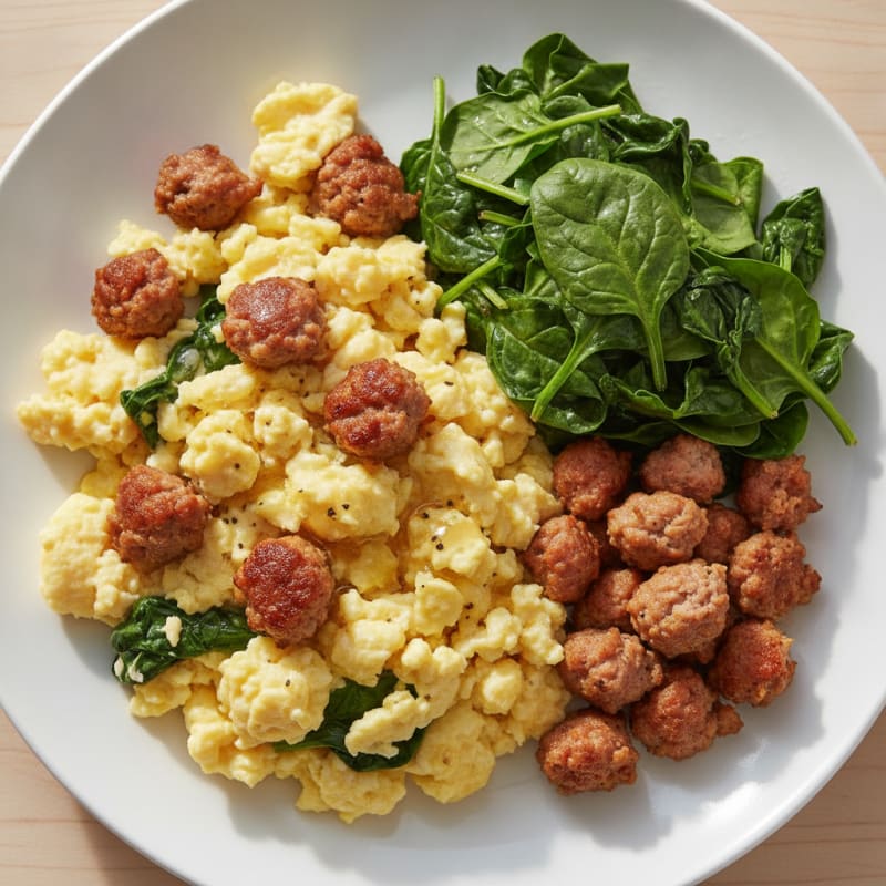 Fluffy Scrambled Eggs with Turkey Sausage and Sautéed Spinach
