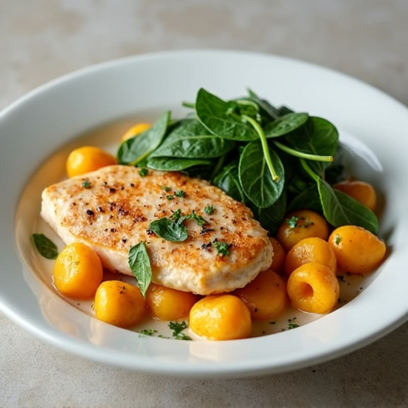 Creamy Sweet Potato Gnocchi with Pan-Seared Chicken and Fresh Spinach