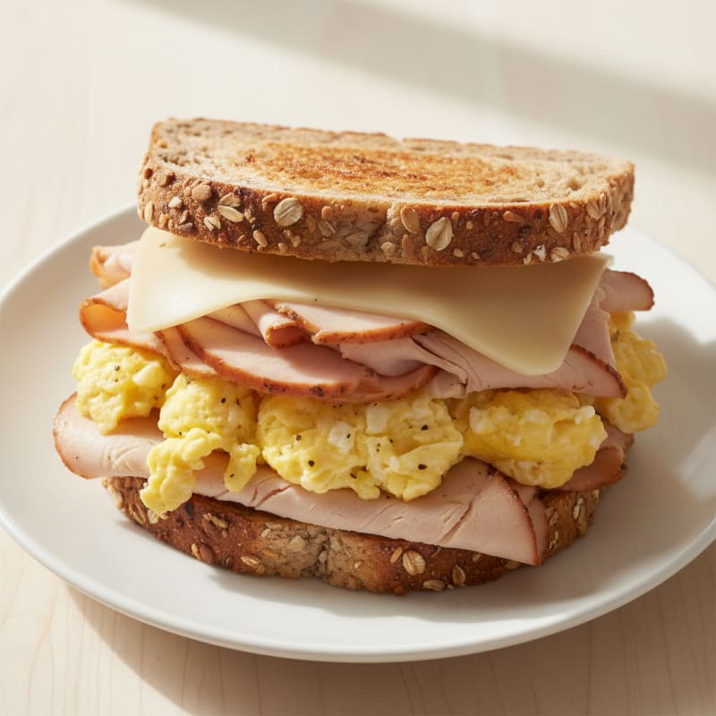 Egg and Cheese Breakfast Sandwich with Sliced Turkey on Whole Grain Bread
