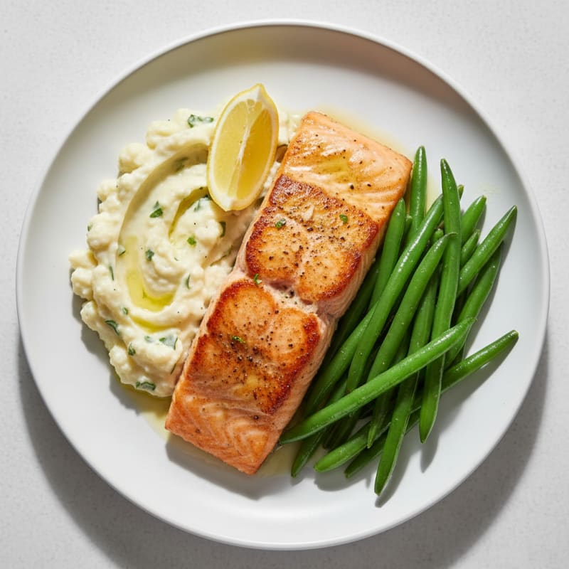 Seared Salmon with Steamed Green Beans and Garlic Mashed Cauliflower
