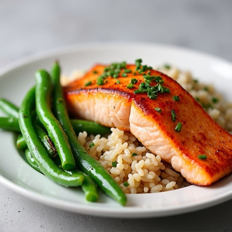 Seared Salmon with Steamed Green Beans and Brown Rice