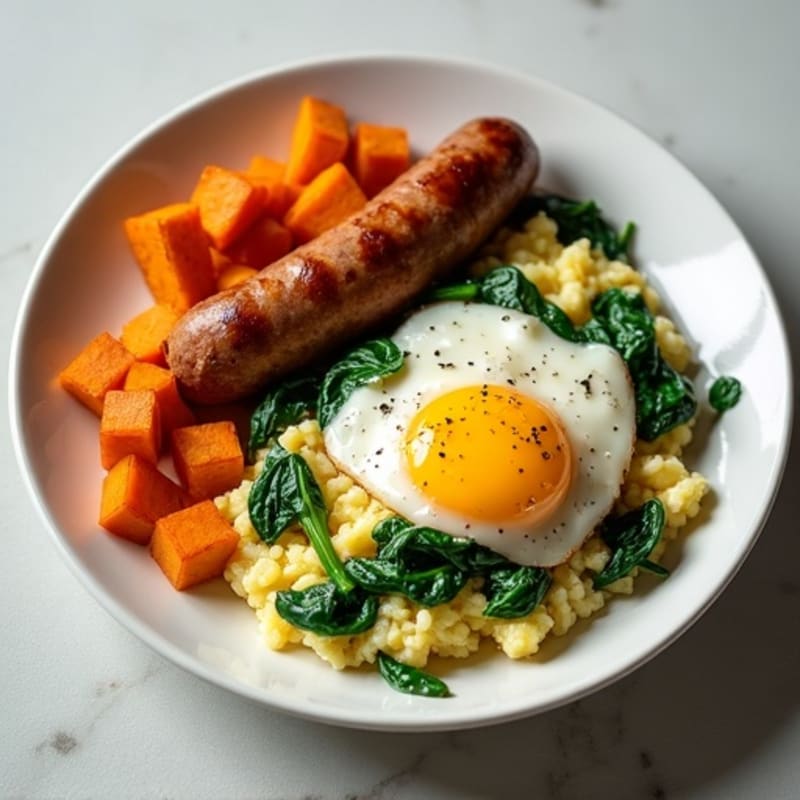 Egg White Spinach Scramble with Turkey Sausage and Roasted Sweet Potato