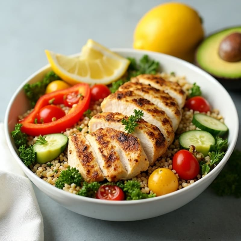 Grilled Chicken and Quinoa Salad with Crisp Vegetables and Lemon Dressing