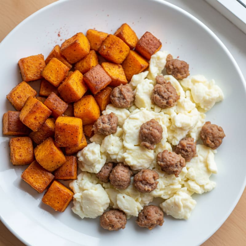 Scrambled Egg Whites with Turkey Sausage and Roasted Sweet Potatoes