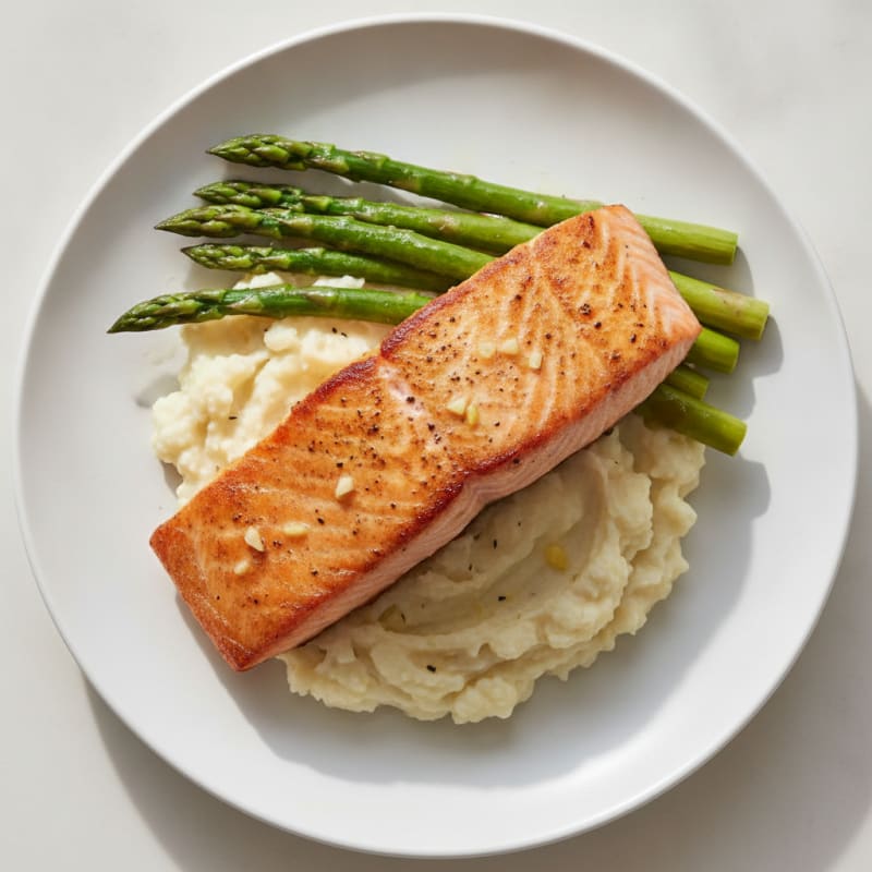 Seared Salmon with Steamed Asparagus and Garlic Mashed Cauliflower