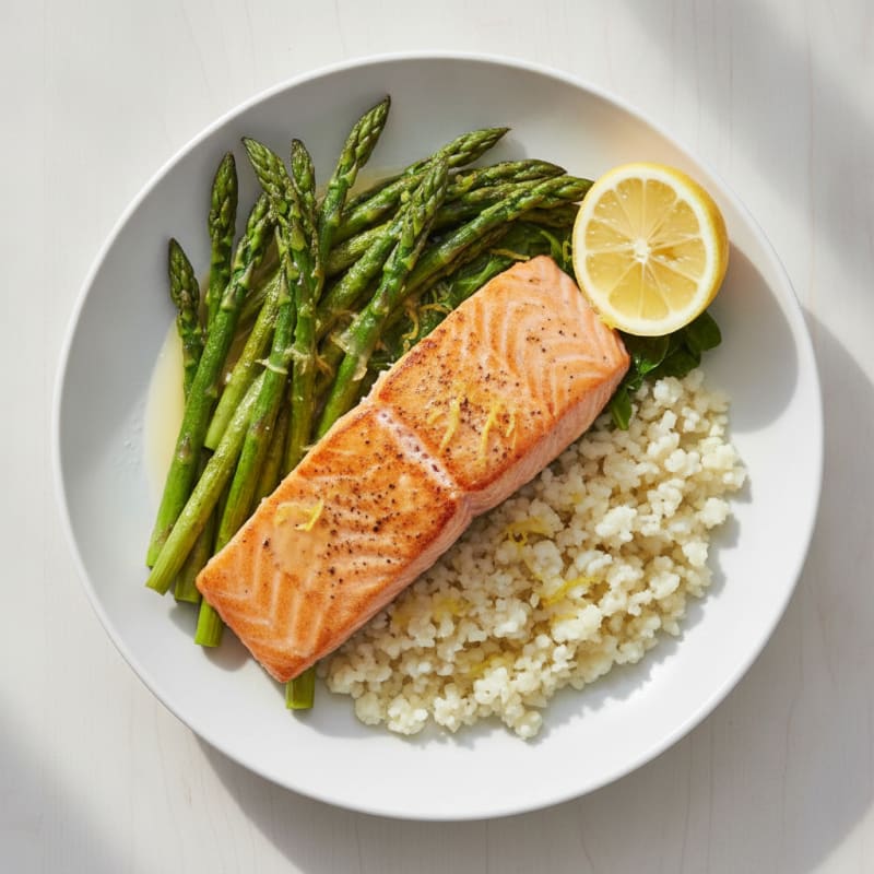 Seared Salmon with Roasted Asparagus and Cauliflower Rice