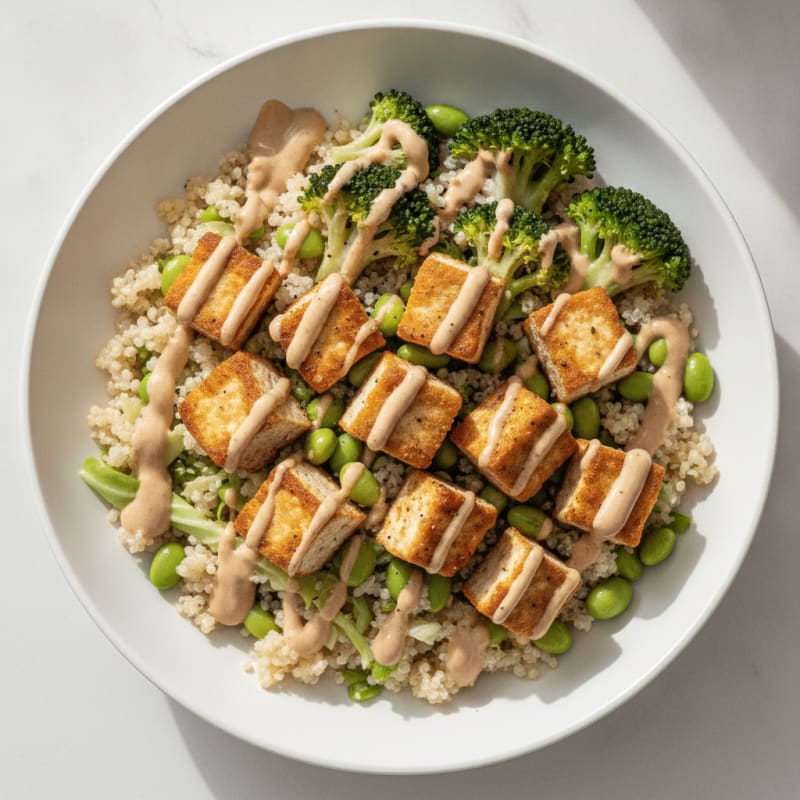 Tahini Tofu Quinoa Bowl with Edamame