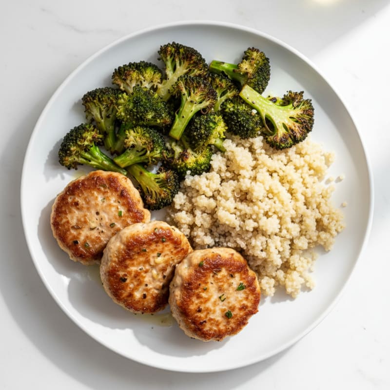 Seared Turkey Patties with Roasted Broccoli and Quinoa
