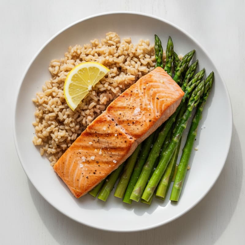 Seared Salmon Fillet with Steamed Asparagus and Brown Rice