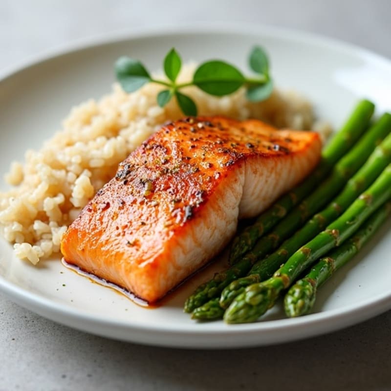 Seared Salmon with Steamed Asparagus and Brown Rice
