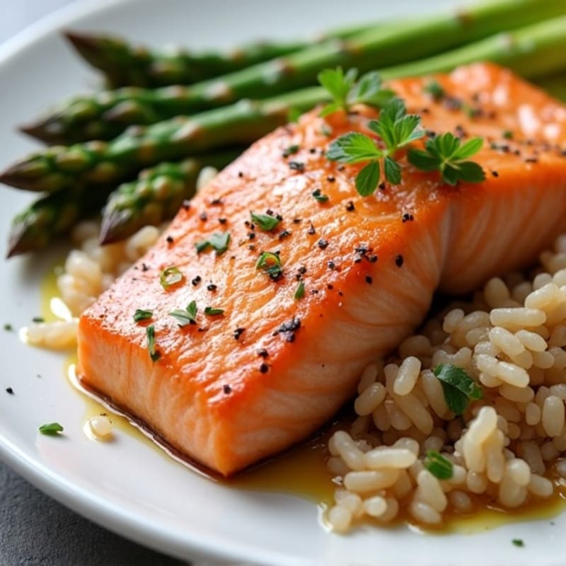 Seared Salmon Fillet with Steamed Asparagus and Brown Rice