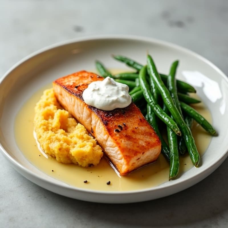 Seared Salmon with Garlic Green Beans and Mashed Sweet Potato