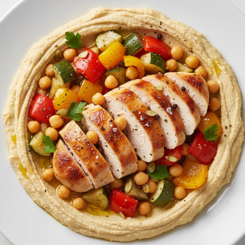 Mediterranean Hummus Platter with Roasted Chicken and Vegetables