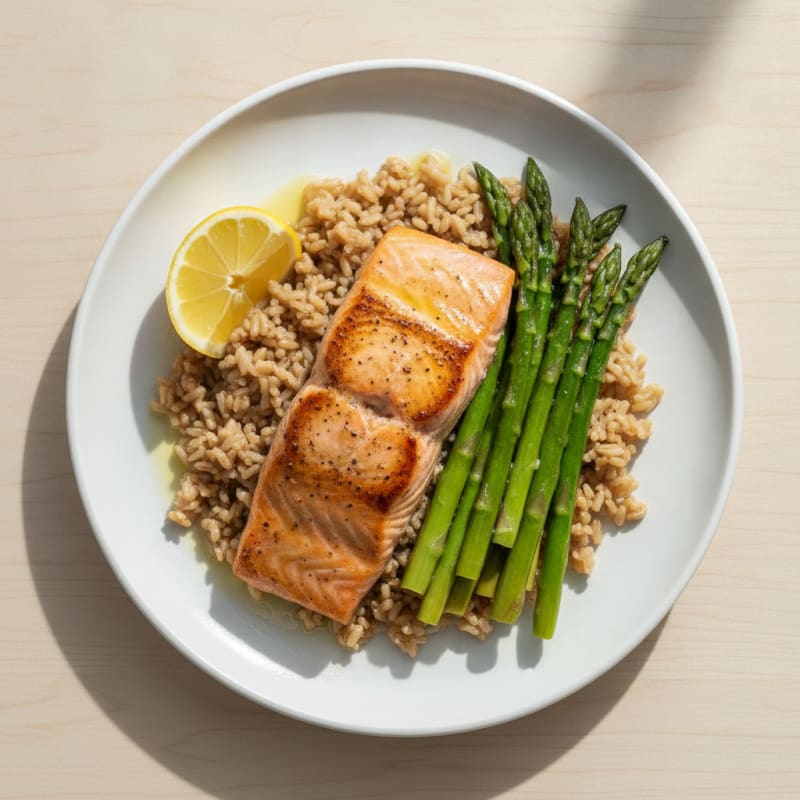 Seared Salmon Fillet with Steamed Asparagus and Brown Rice