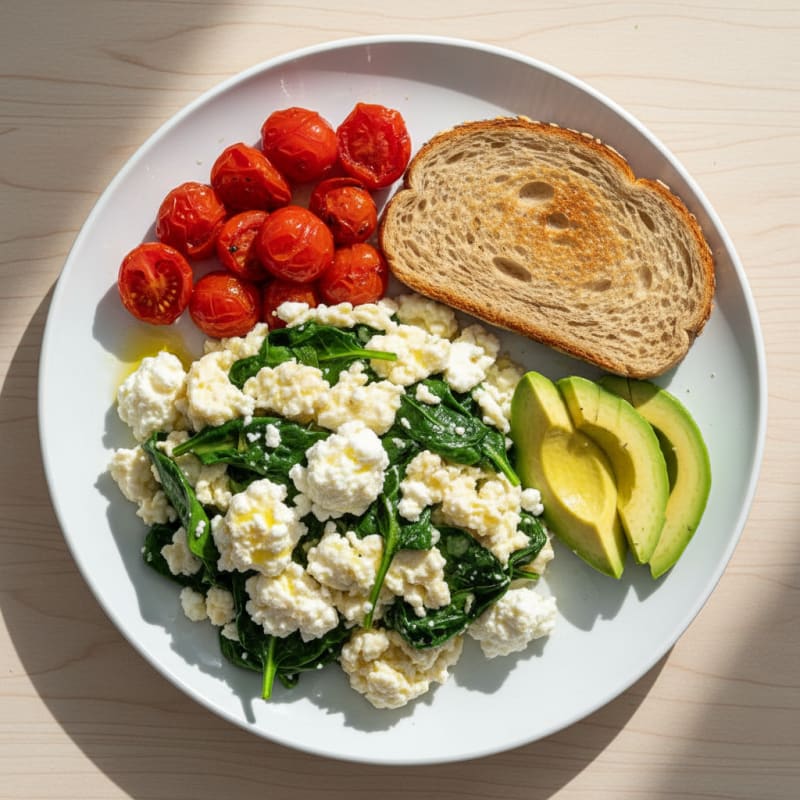 Egg White Spinach Scramble with Cottage Cheese and Cherry Tomatoes