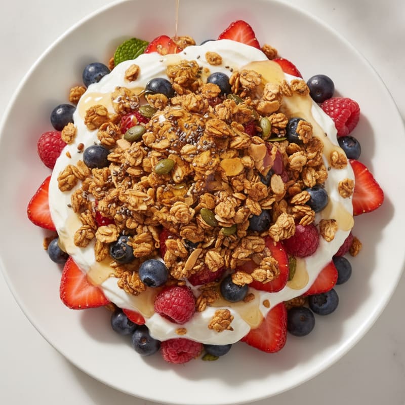 Greek Yogurt Parfait with Mixed Berries and Crunchy Seed Granola