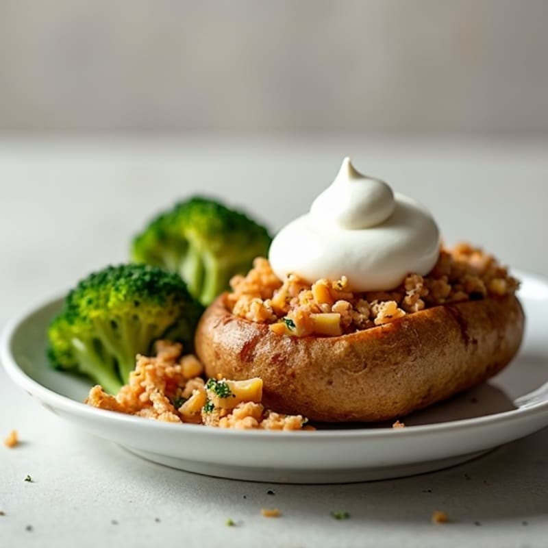 Crispy Baked Potato with Lean Ground Turkey, Steamed Broccoli, and Greek Yogurt