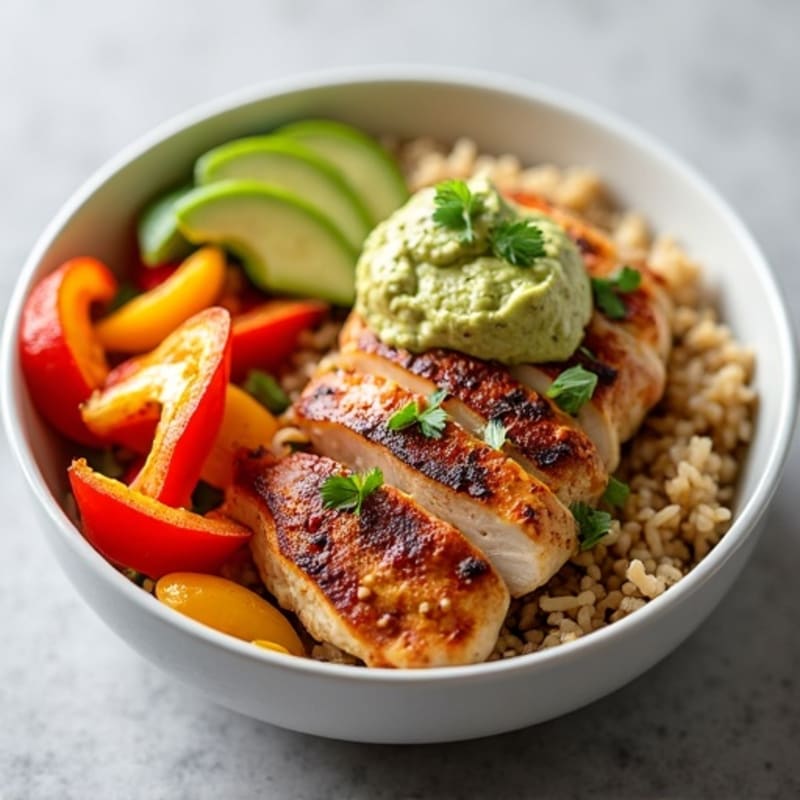 Chicken Fajita Bowl with Roasted Peppers and Creamy Avocado