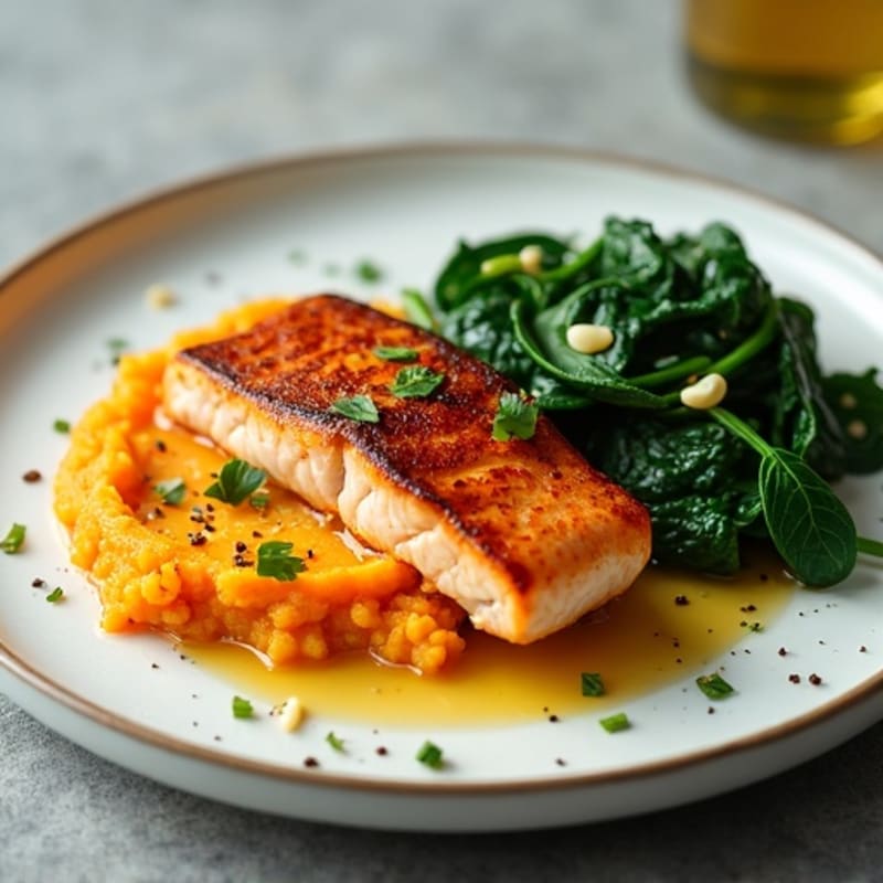 Seared Salmon Fillet with Garlic Spinach and Sweet Potato Mash