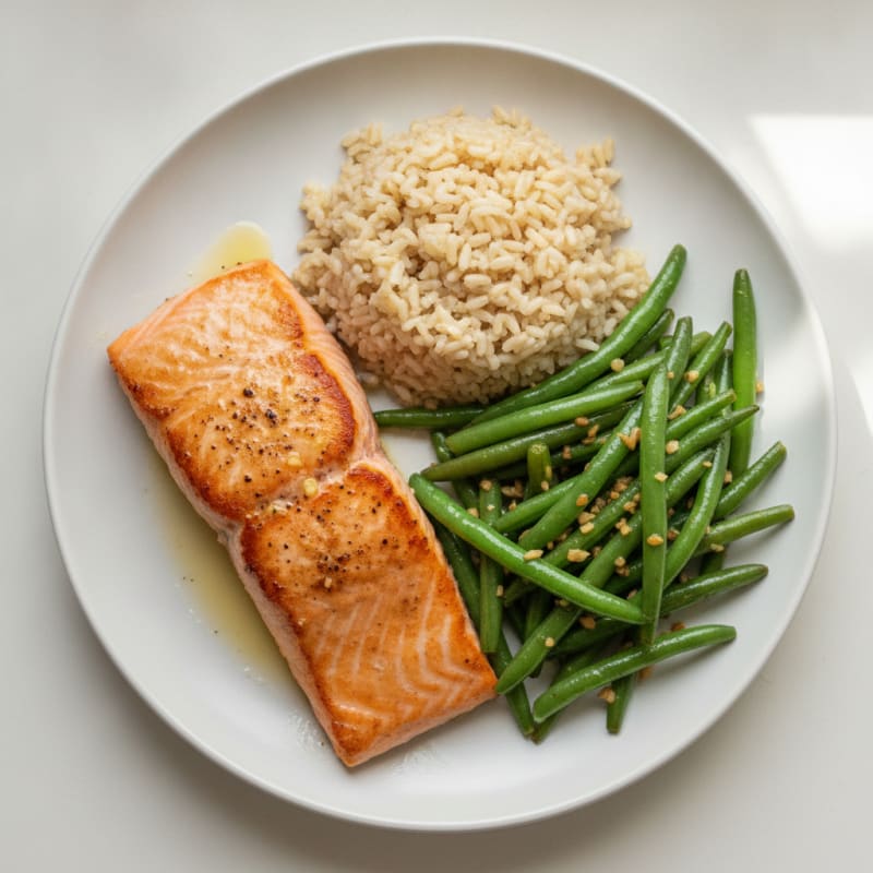 Seared Salmon with Garlic Green Beans and Steamed Brown Rice