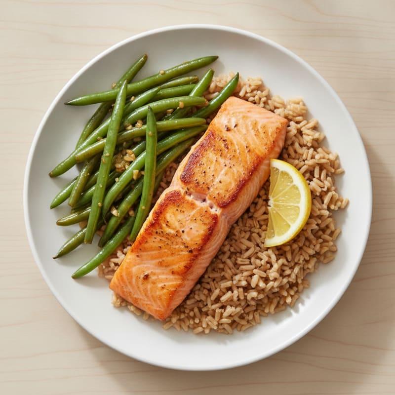 Seared Salmon with Garlic Green Beans and Brown Rice