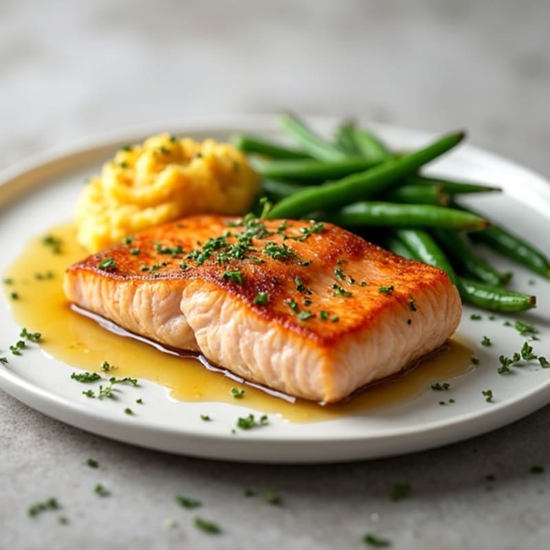 Seared Salmon with Garlic Green Beans and Mashed Sweet Potato