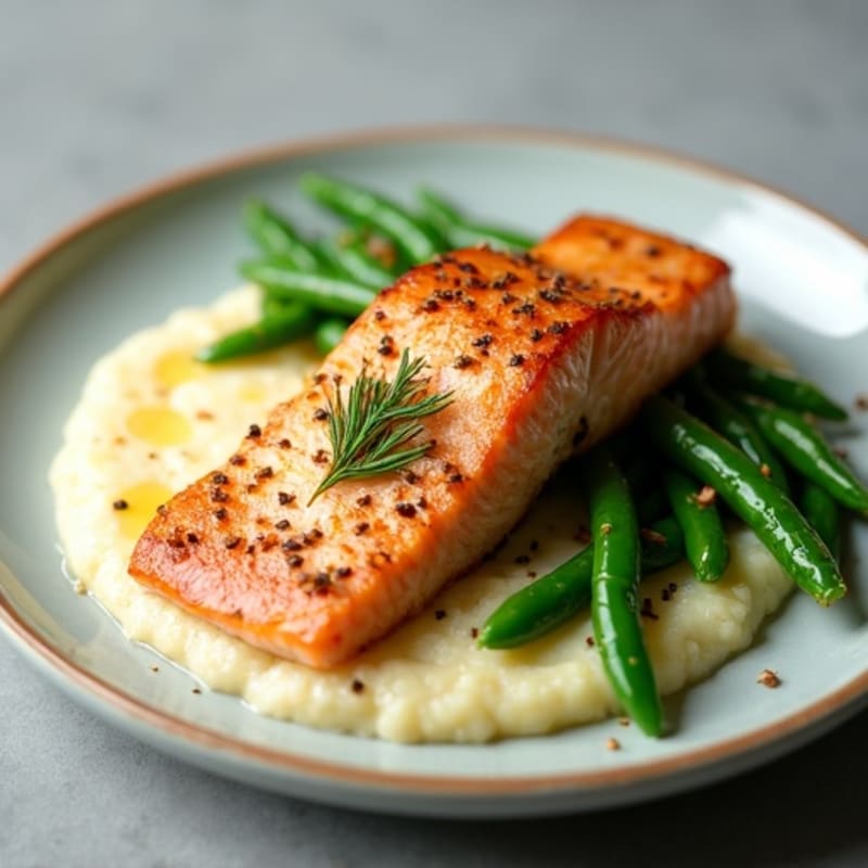 Seared Salmon with Garlic Green Beans and Cauliflower Mash