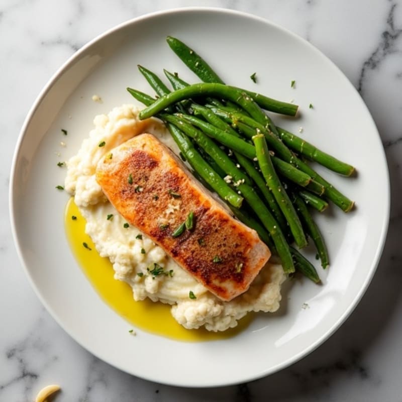 Seared Salmon with Garlic Green Beans and Cauliflower Mash