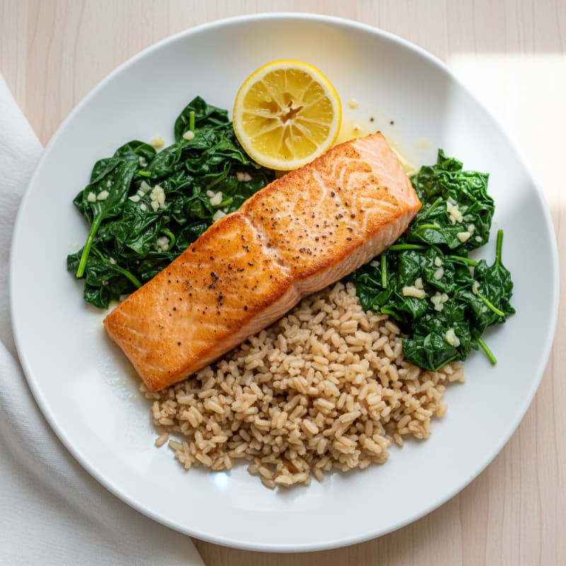 Seared Salmon Fillet with Garlic Sautéed Spinach and Brown Rice