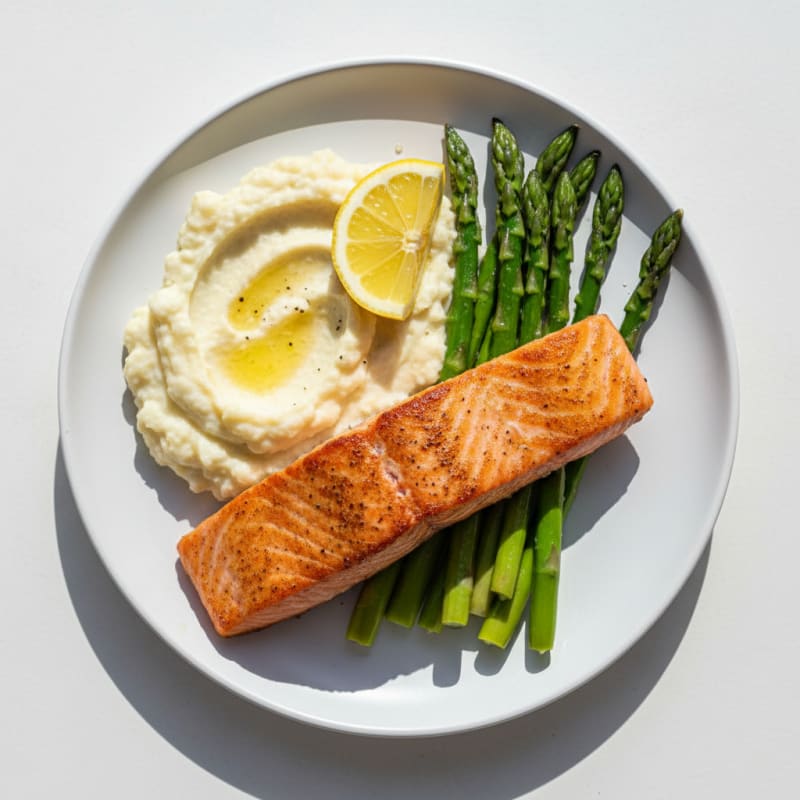 Seared Salmon with Steamed Asparagus and Cauliflower Mash