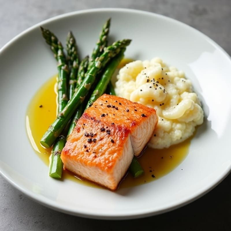 Seared Salmon with Steamed Asparagus and Cauliflower Mash