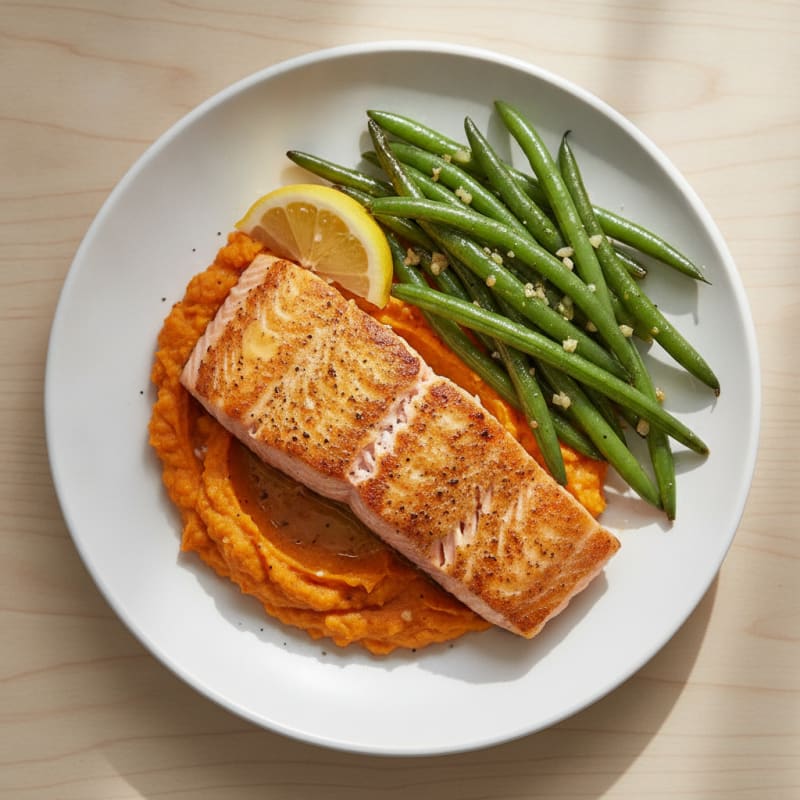 Seared Salmon with Garlic Green Beans and Sweet Potato Mash