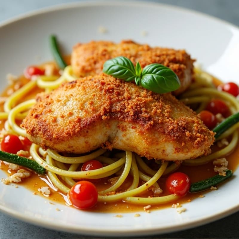 Crispy Lemon Garlic Chicken with Zucchini Noodles and Fresh Tomato Sauce