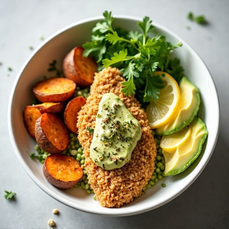Crispy Lemon-Herb Chicken Power Bowl with Roasted Sweet Potatoes and Creamy Avocado Dressing
