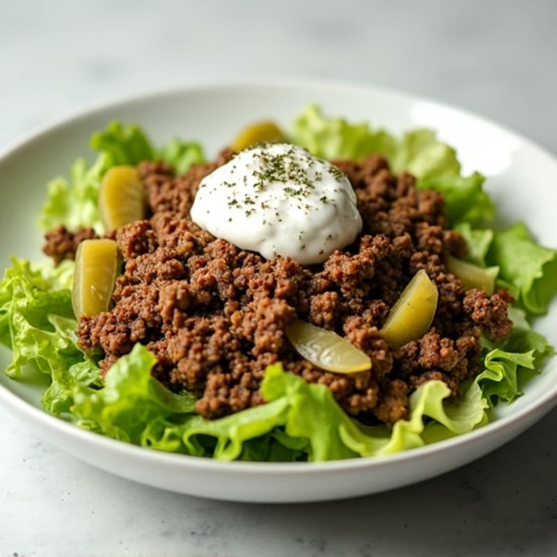 Lean Ground Beef Salad with Crispy Lettuce, Pickles, and Creamy Tangy Dressing