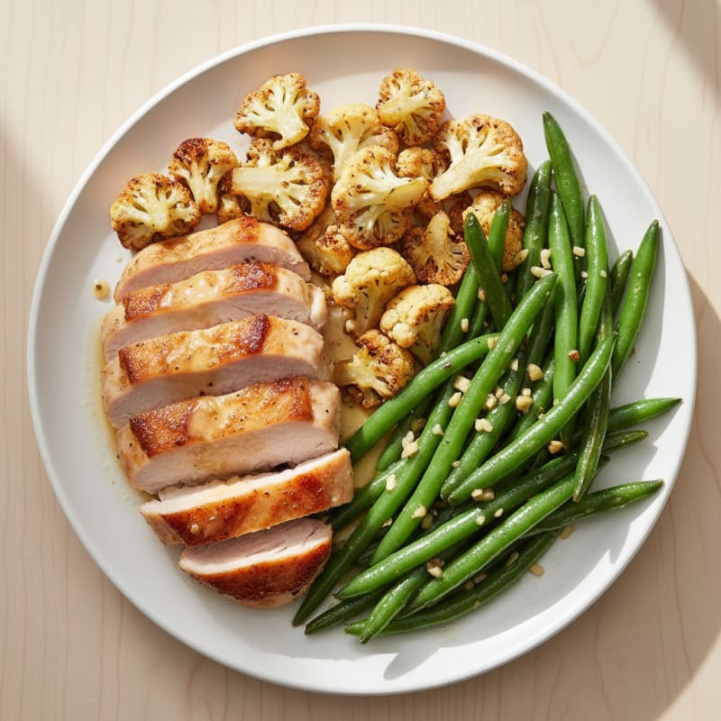 Seared Turkey Breast with Roasted Cauliflower and Garlic Green Beans