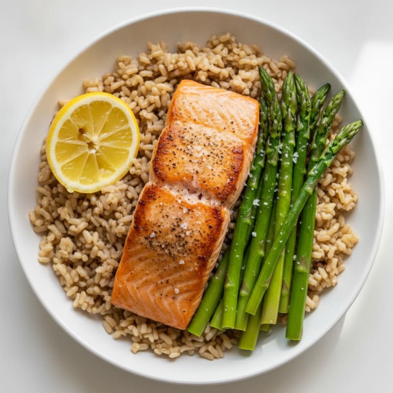 Seared Salmon with Steamed Asparagus and Brown Rice