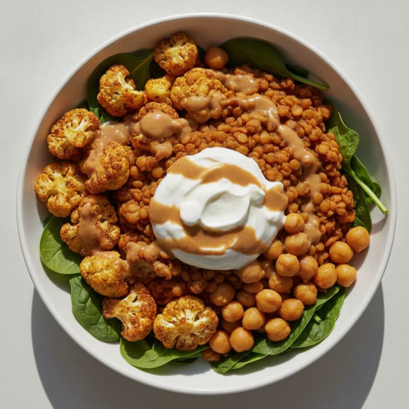 Chickpea and Lentil Protein Bowl with Roasted Cauliflower